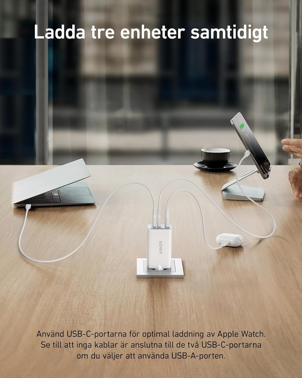 Anker Nano 65W USB-C lader, 3-ports PPS-hurtiglader, iPad-lader