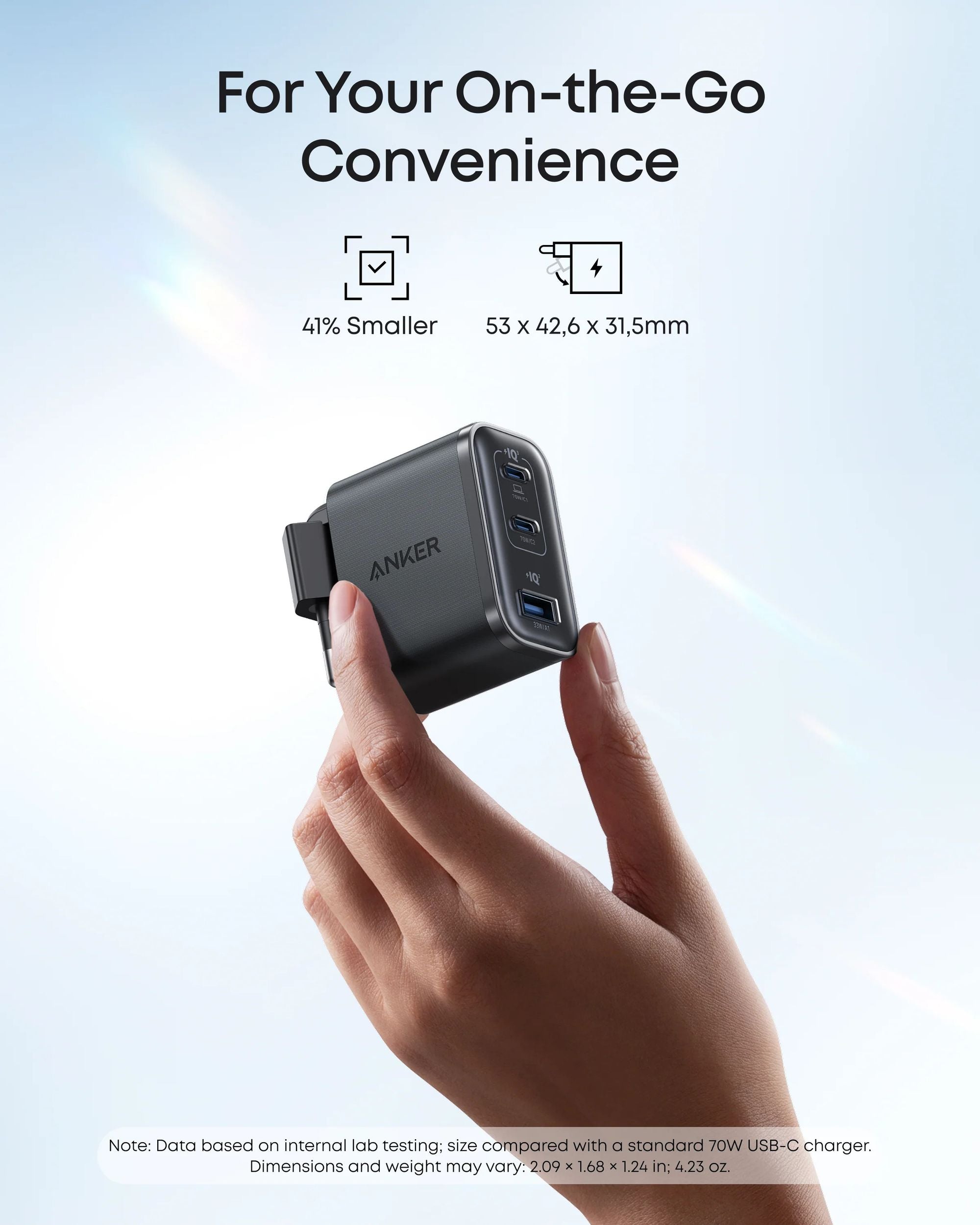 Anker Nano 70W USB-C-lader, 3-ports strømadapter med ultrasnabb 70W lading