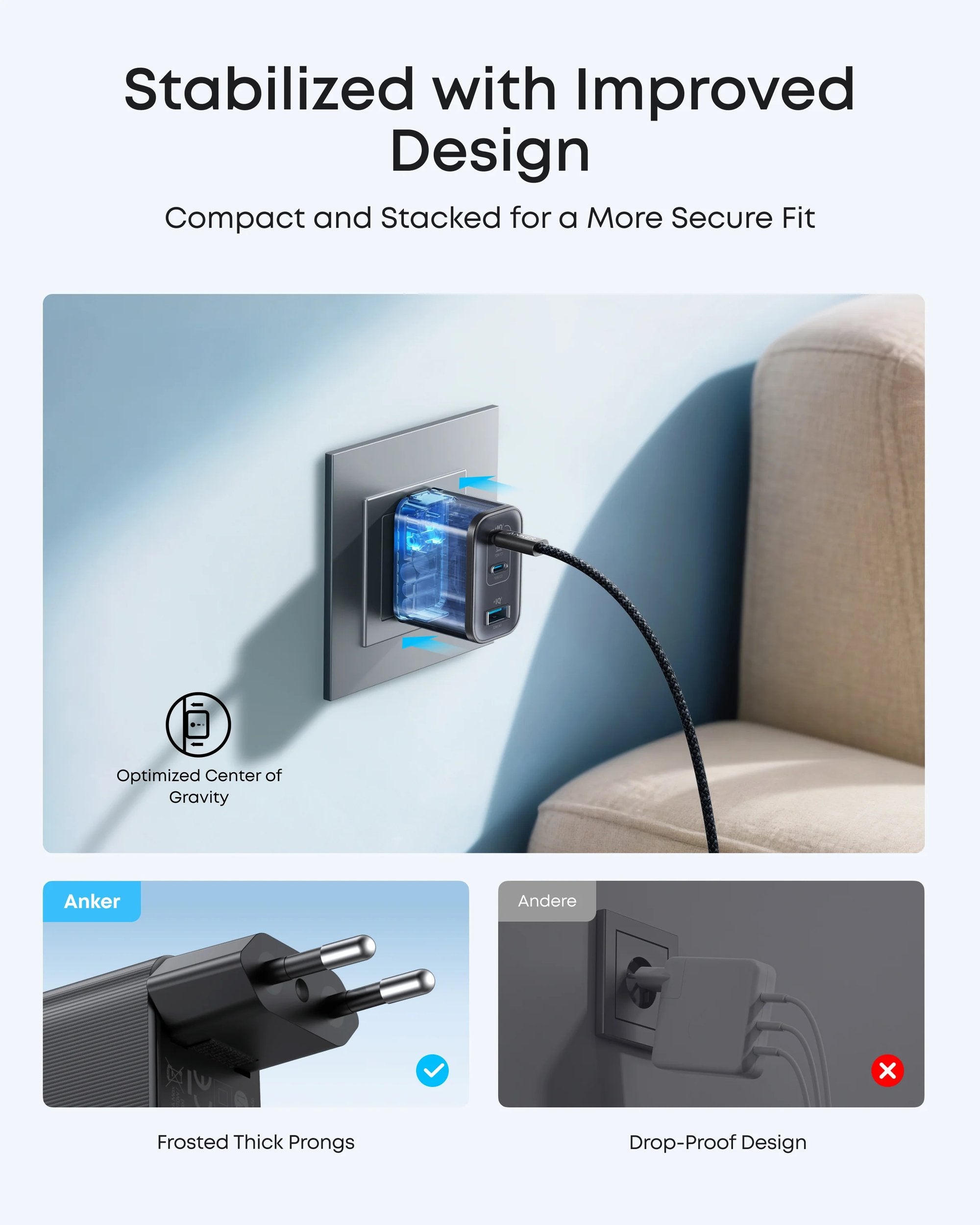 Anker Nano 70W USB-C-lader, 3-ports strømadapter med ultrasnabb 70W lading