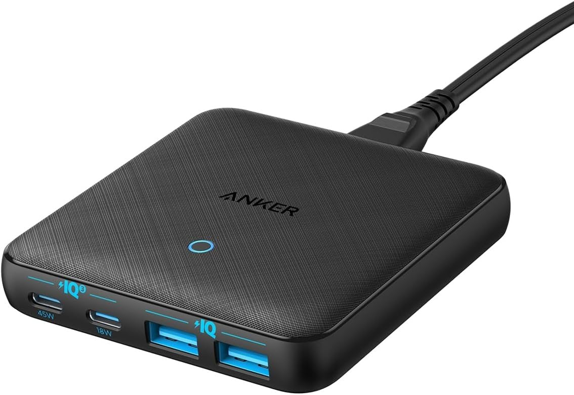 Anker PowerPort Atom III Slim vegglader, Dobbel USB-C-porter og Dobbel USB-A-porter (65W Maks), PIQ 3.0, GaN-materiale.