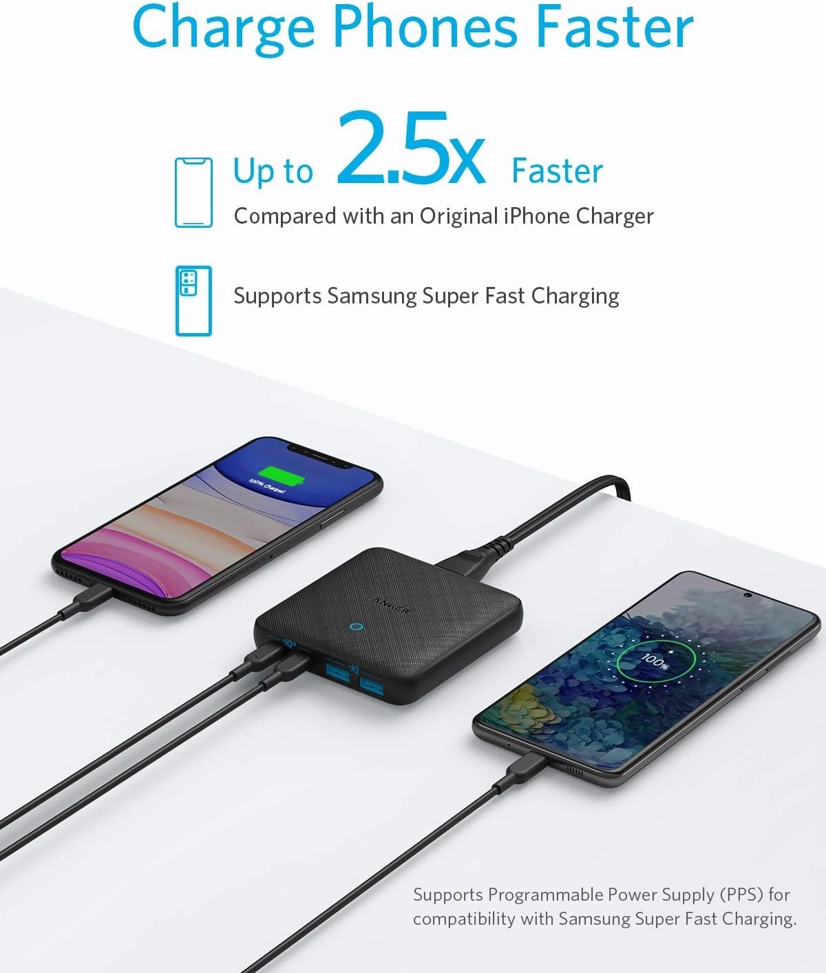 Anker PowerPort Atom III Slim vegglader, Dobbel USB-C-porter og Dobbel USB-A-porter (65W Maks), PIQ 3.0, GaN-materiale.