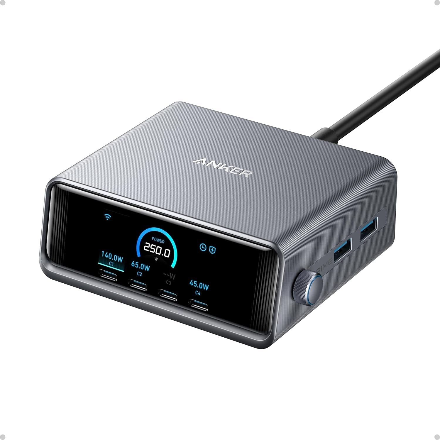 Anker Prime 250 W USB-C-lader, Ekstremt rask 6-ports GaN, 6 cm LCD-skjerm, Smart Control-kontroller