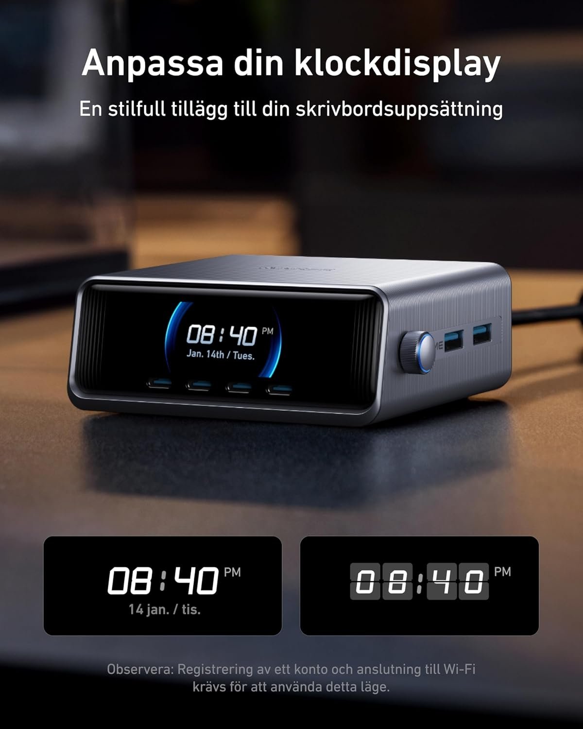 Anker Prime 250 W USB-C-lader, Ekstremt rask 6-ports GaN, 6 cm LCD-skjerm, Smart Control-kontroller