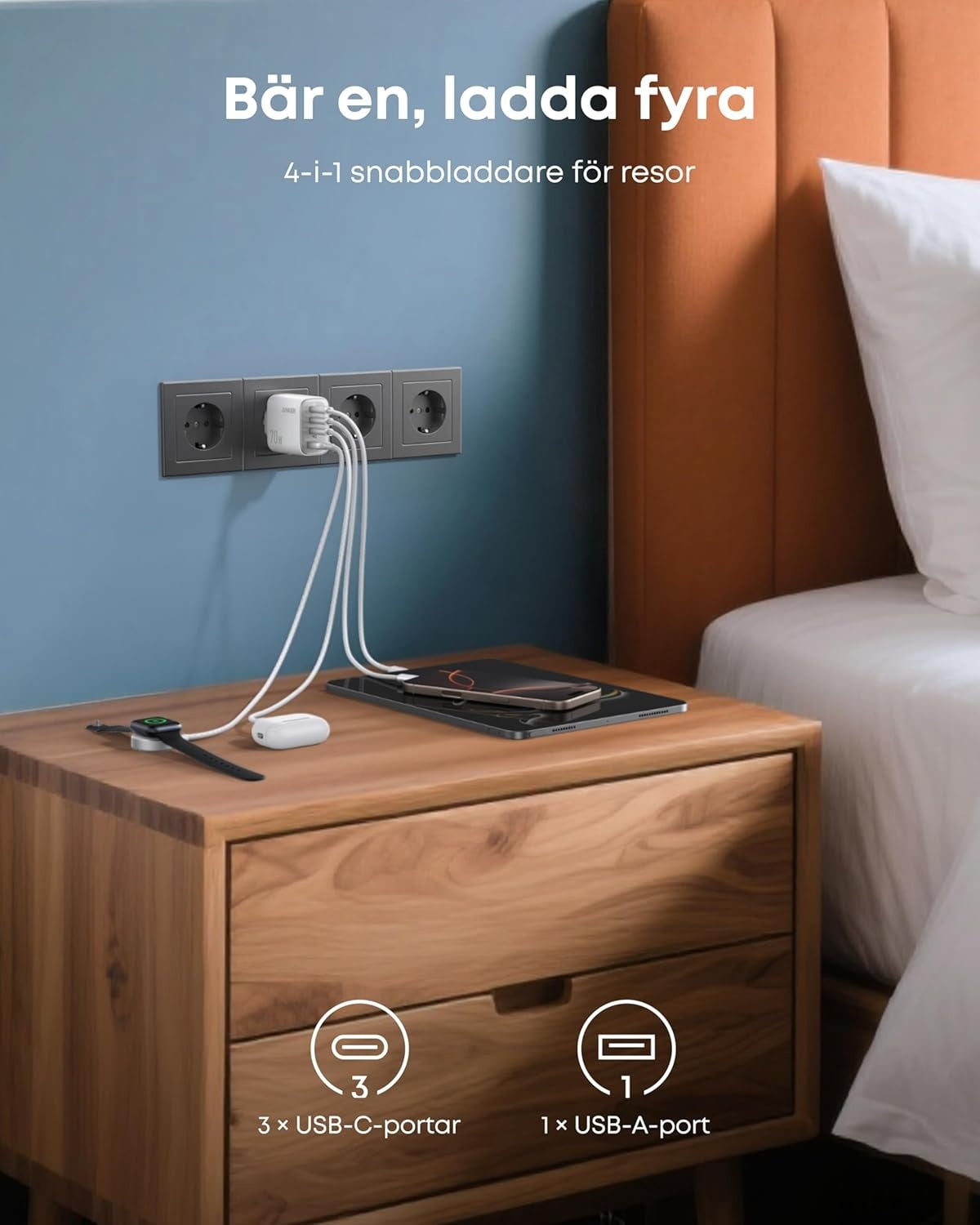 Anker Zolo Ultra Fast 70W USB-C 4-Port lader, kompakt og stabil for iPhone 16/15, MacBook Air, iPad, Pixel, Galaxy