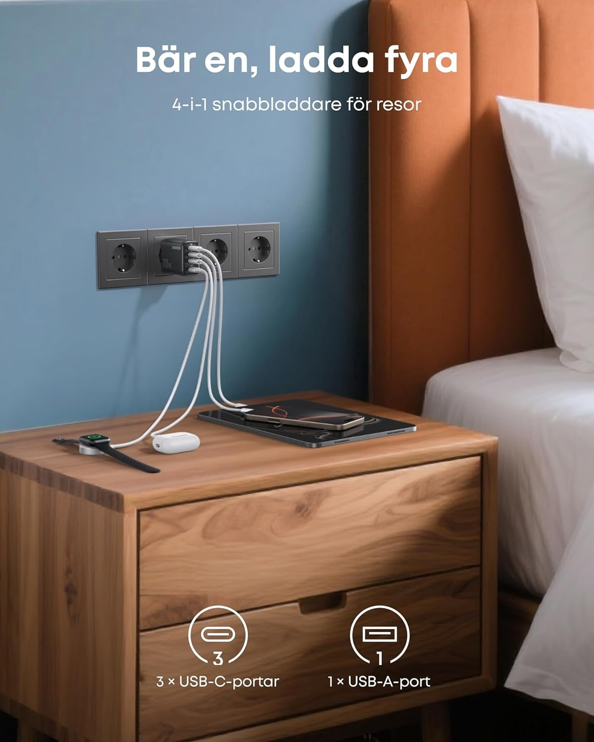 Anker Zolo Ultra Fast 70W USB-C 4-Port lader, kompakt og stabil for iPhone 16/15, MacBook Air, iPad, Pixel, Galaxy