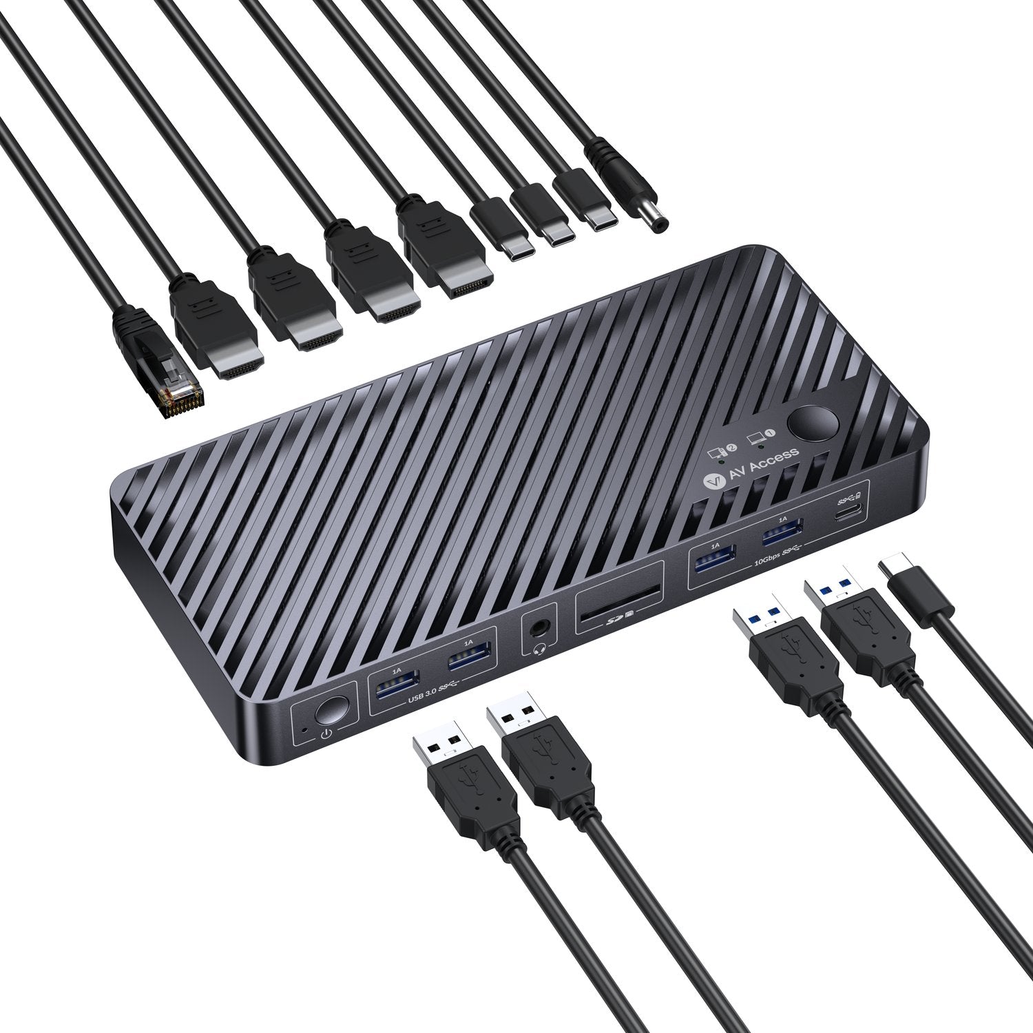 AV Access iDock M10 USB-C KVM-Switch Dockingsstasjon 2 til 2 for MacBook, Dobbelt 4K HDMI-skjermer, 1x Laptop + 1x PC, 100W Lading