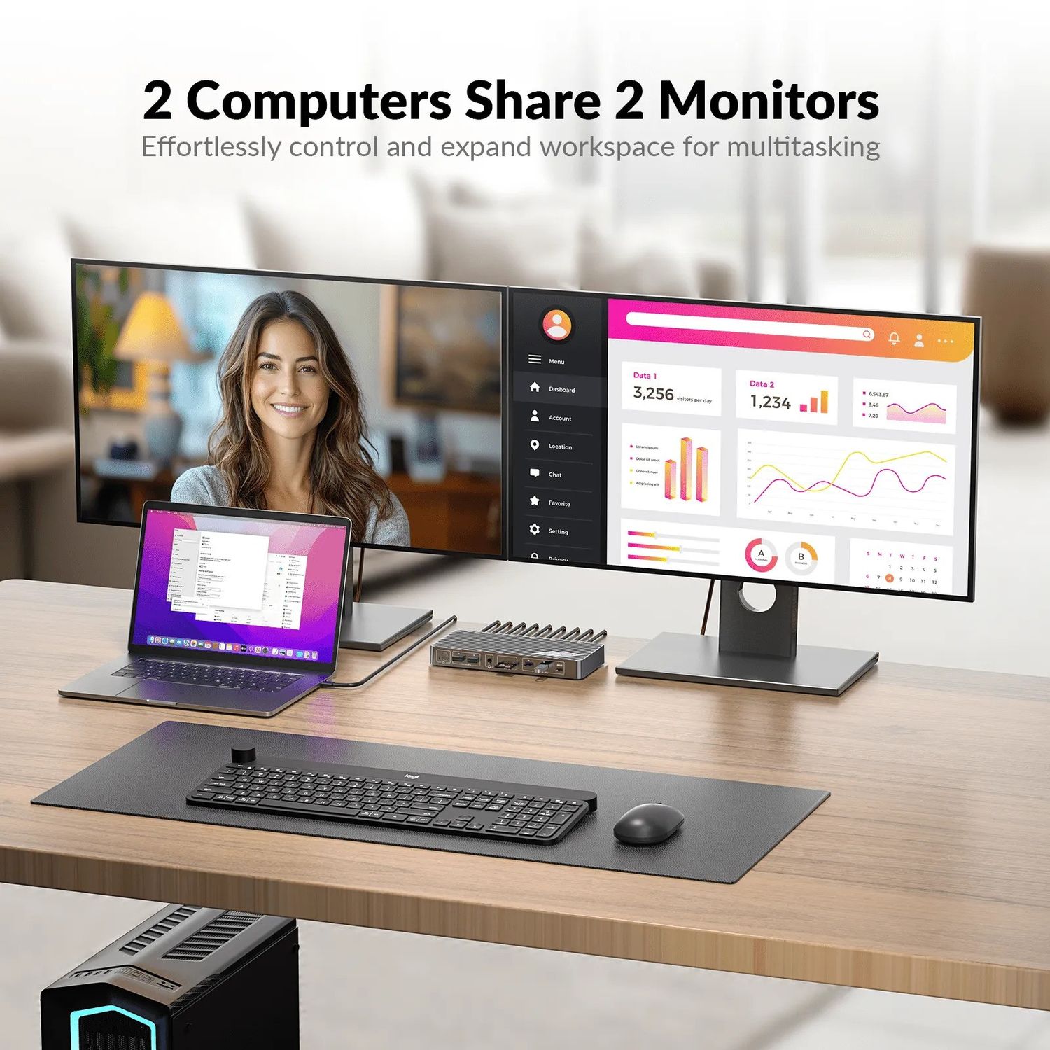 AV Access iDock B10 USB-C KVM-Switch Dockingstasjon 2 til 2 for 1 Bærbar & 1 Stasjonær, 8K@60Hz Dobbel Skjerm, 100W Lading, USB 3.2, 1G Ethernet