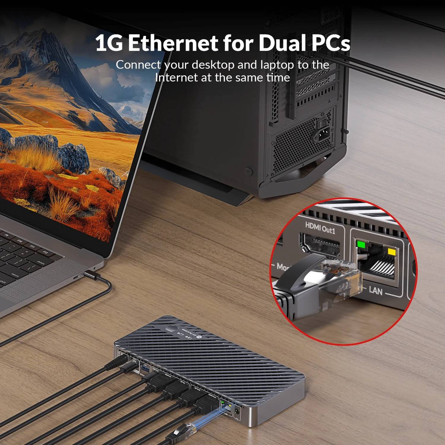 AV Access iDock B10 USB-C KVM-Switch Dockingstasjon 2 til 2 for 1 Bærbar & 1 Stasjonær, 8K@60Hz Dobbel Skjerm, 100W Lading, USB 3.2, 1G Ethernet