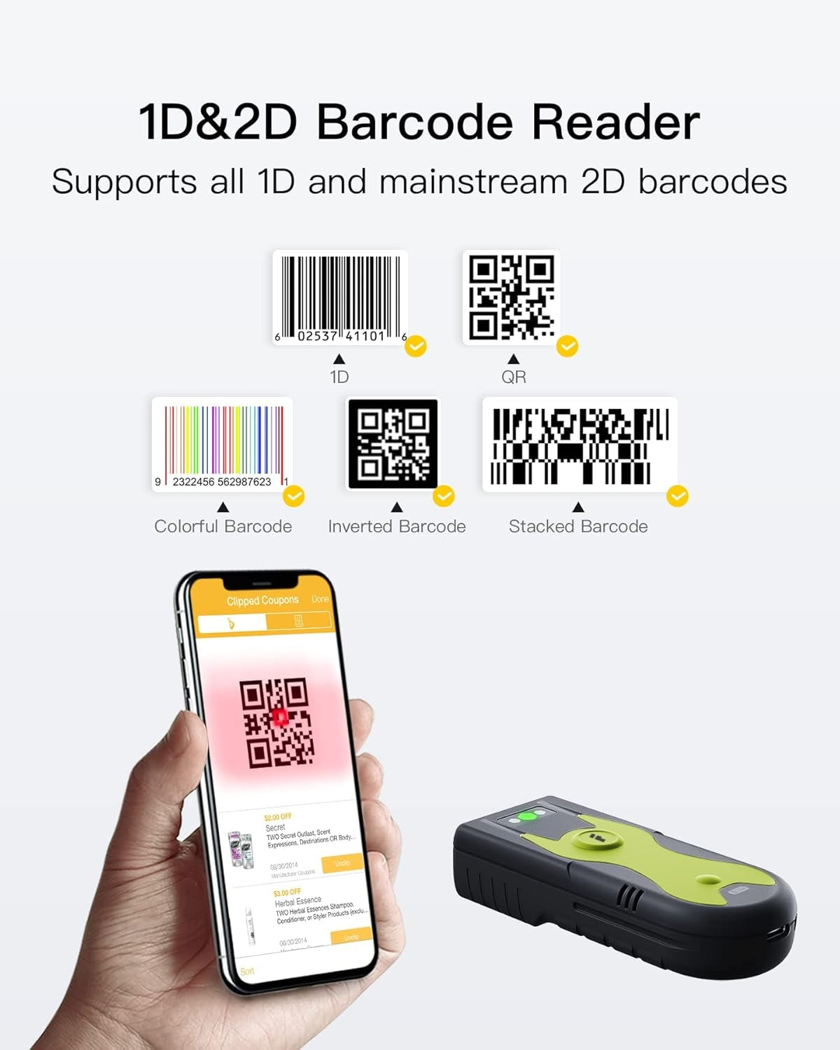 Bluetooth 2D Barcode Scanner with 2.4 GHz USB Adapter