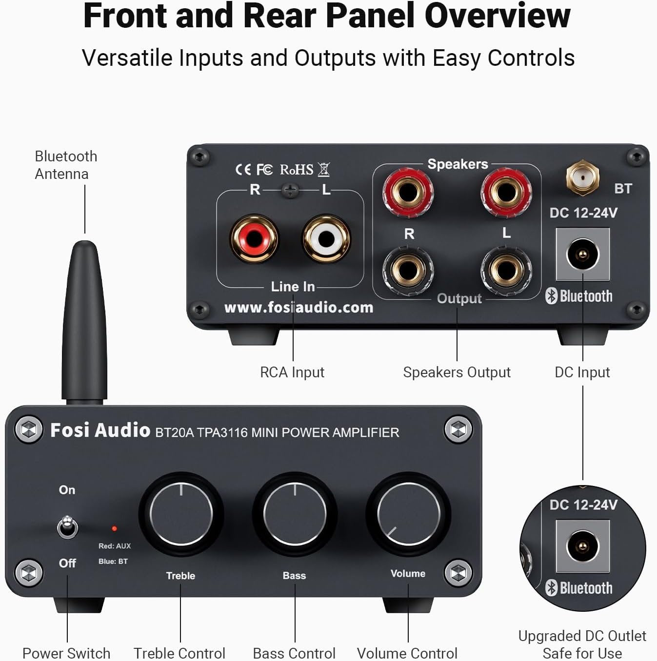 Fosi Audio Bluetooth 5.0 & R/L forsterker 100W x 2 med volum-, bass- og diskantkontroll, svart