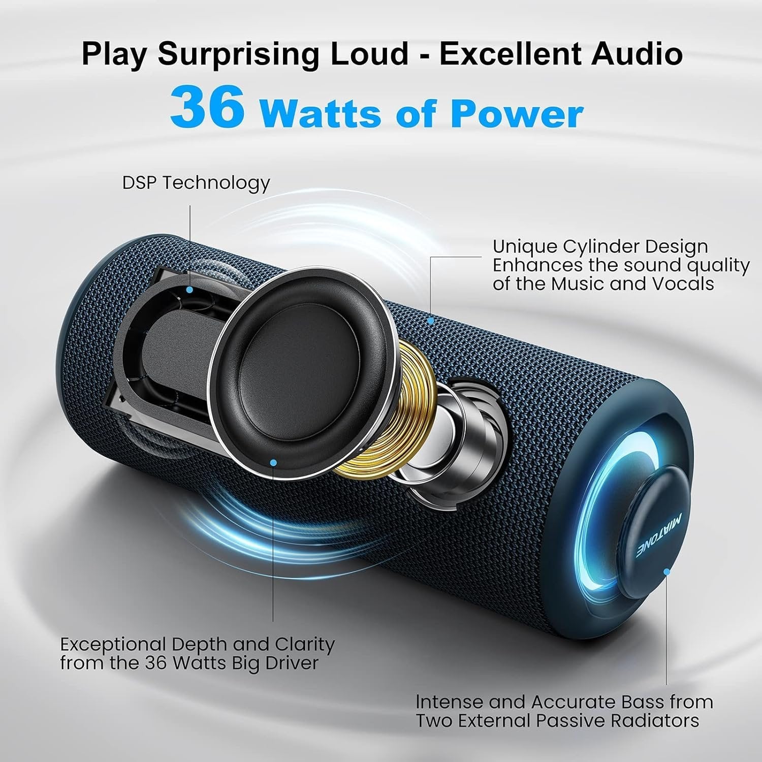 Bluetooth-høyttaler 36W bærbar høyttaler med stereolydbase, Bluetooth 5.3 trådløs IP7x vanntett høyttaler blå