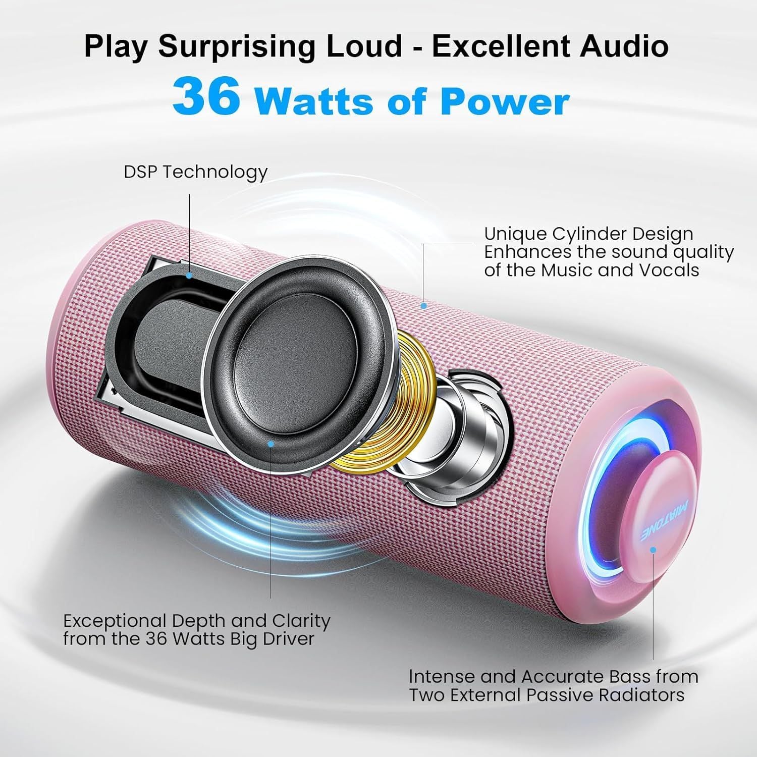 Bluetooth-høyttaler 36W bærbar høyttaler med stereolydbase, Bluetooth 5.3 trådløs IP7x vanntett høyttaler Rosa