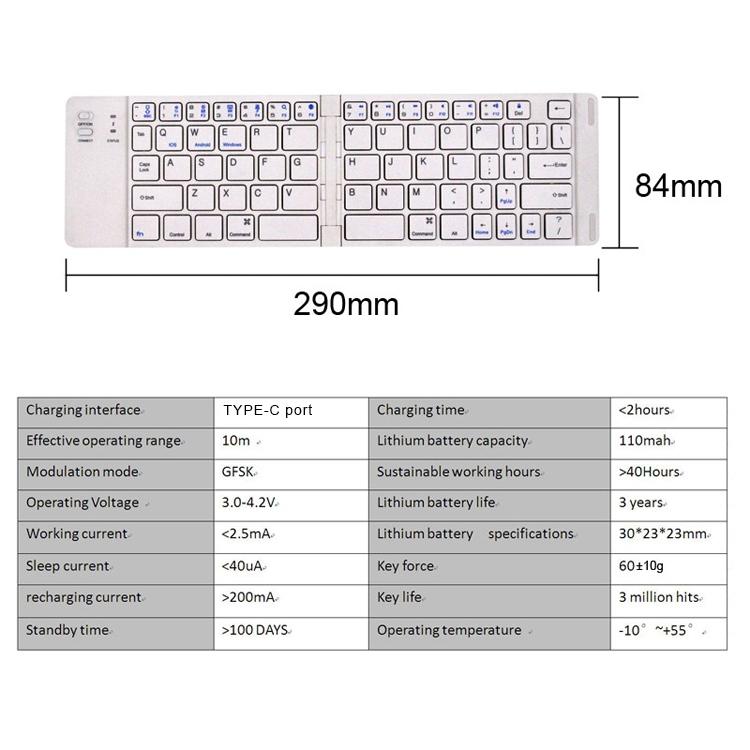 NÖRDIC Sammenleggbart Bluetooth-tastatur 66 taster US Layout Hvit