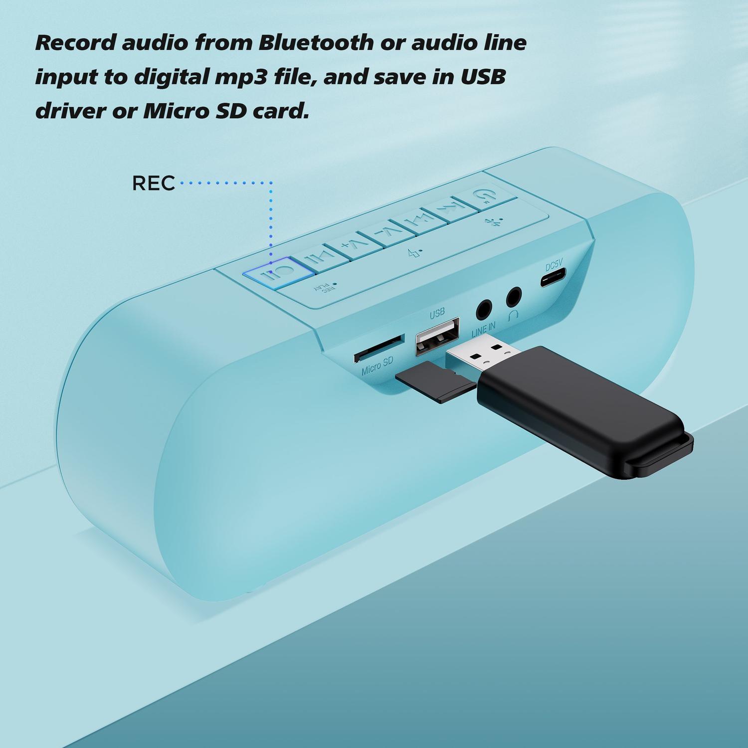 Bærbar Bluetooth Audio Digitizer og høyttaler, Ta opp og spill av 12W stereolyd med Line-in, USB Flash Drive og TF-kortstøtte