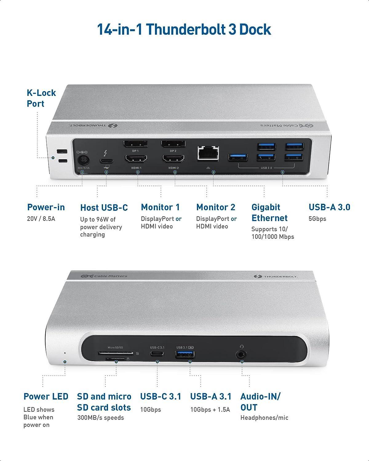 Cable Matters 14-porters Thunderbolt 3-dokkingstasjon Dual HDMI DP 4K 60Hz 5xUSB-A 3.0, 1xGIGA LAN, 1xUSB-C 3.1, 1xUSB-A 3.1, 2xSD/MicroSD, 2xAudio