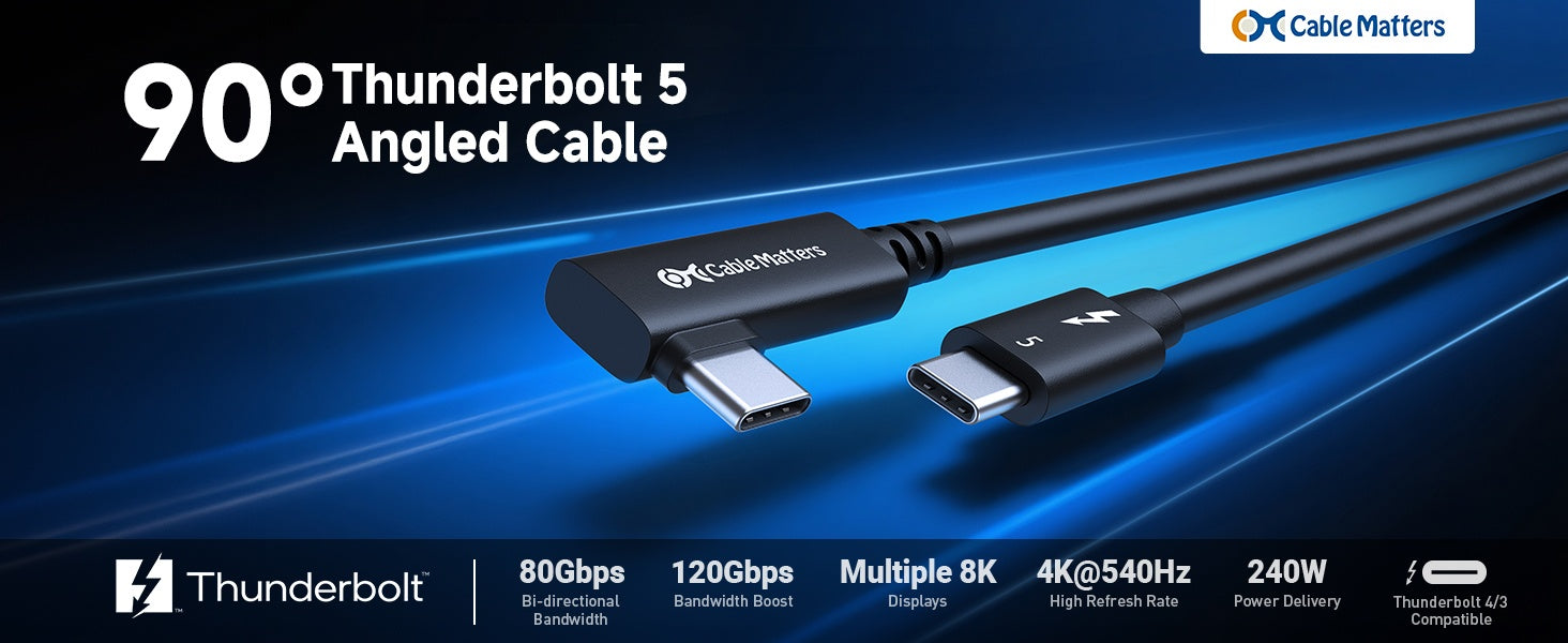 Cable Matters Intel Certified 80G Thunderbolt 5 Cable Right Angle 240W Charging Power - 0.8m, Compatible with Thunderbolt 4, USB4 and USB C, Black