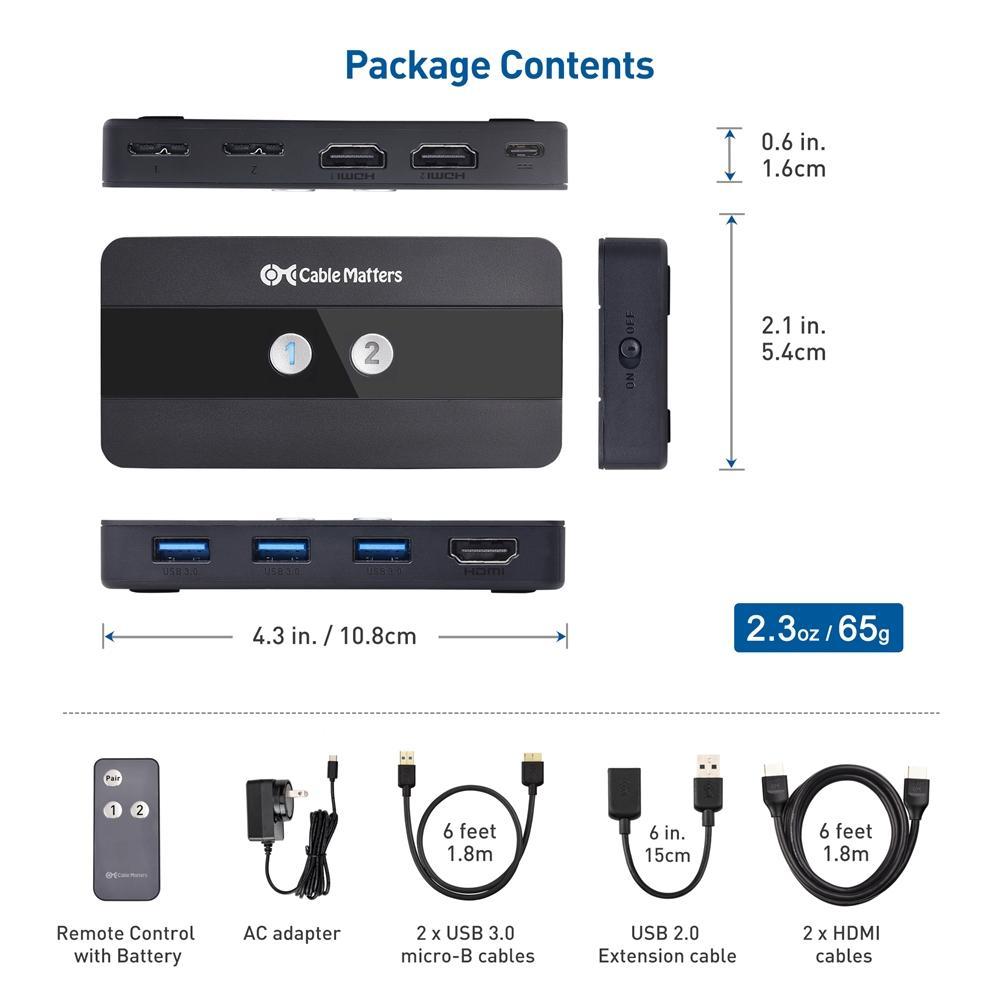 Cable Matters KVM-svitsj HDMI 2 til 1, 3x USB-A