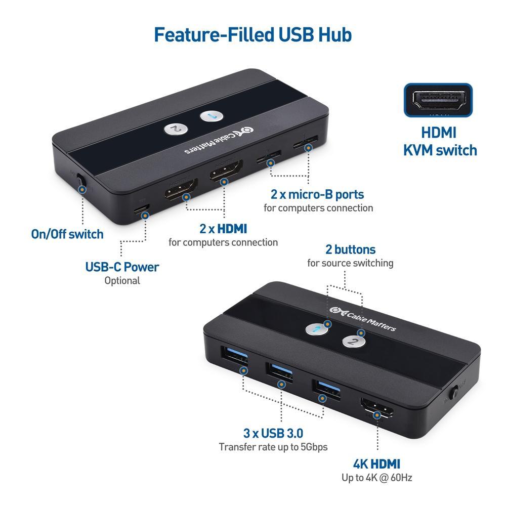 Cable Matters mikro-USB 3.0 KVM-svitsj for 2 datamaskiner med HDMI og 3x USB-A