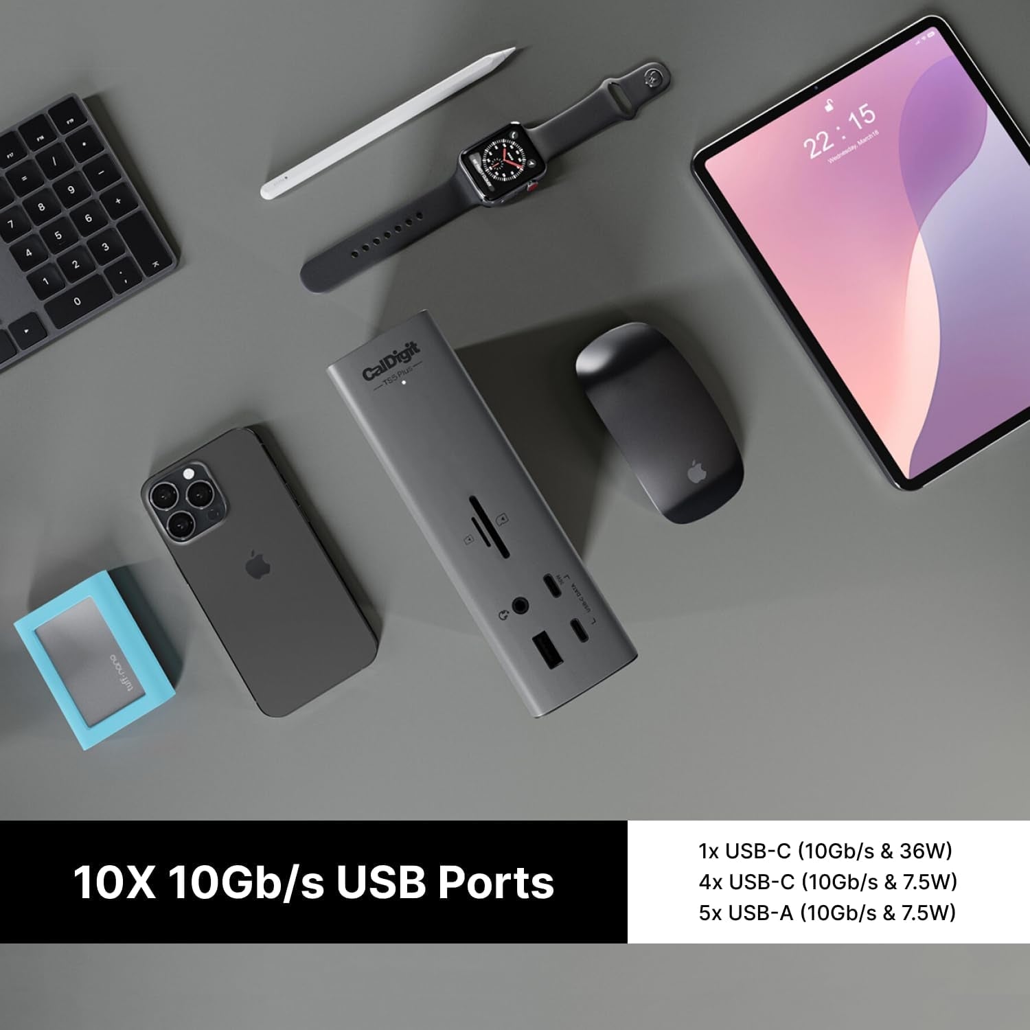 CalDigit TS5 Plus - 20 Porter Thunderbolt 5 Dokkingstasjon, 140W Lading, 3X 80Gb/s Thunderbolt 5, 10x 10Gb/s USB Porter