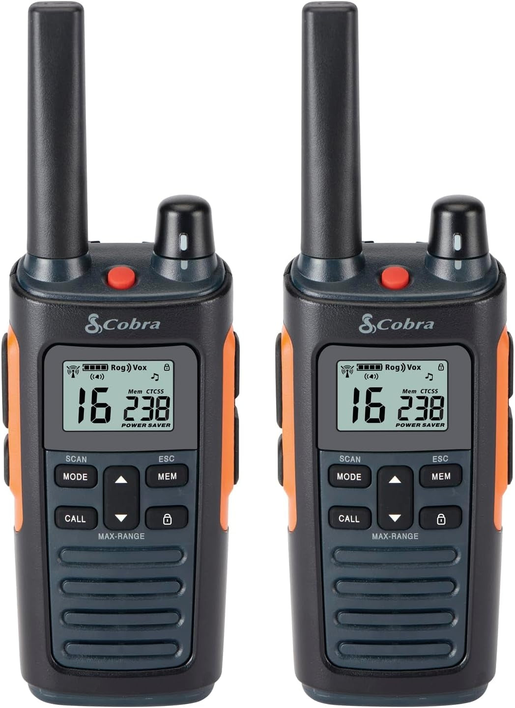 Cobra RX680 Walkie Talkies 2-pack Rechargeable PMR446 Radios for Leisure and Business 10km Dustproof and Splash Proof (IP54), Black and Orange