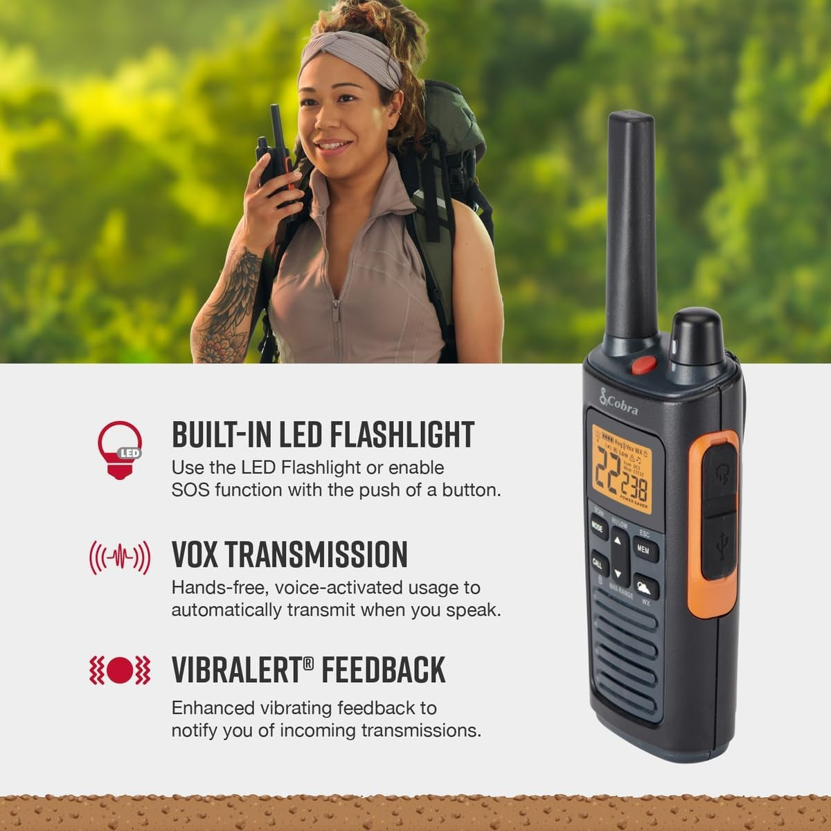 Cobra RX680 Walkie Talkies 2-pack Rechargeable PMR446 Radios for Leisure and Business 10km Dustproof and Splash Proof (IP54), Black and Orange