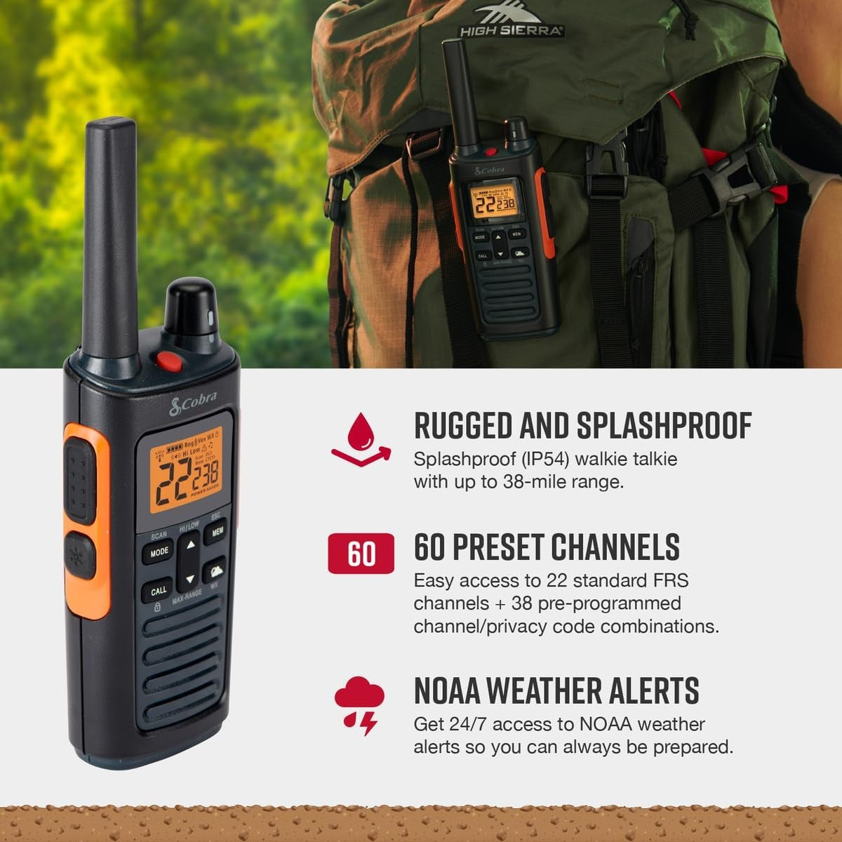 Cobra RX680 Walkie Talkies 2-pack Rechargeable PMR446 Radios for Leisure and Business 10km Dustproof and Splash Proof (IP54), Black and Orange