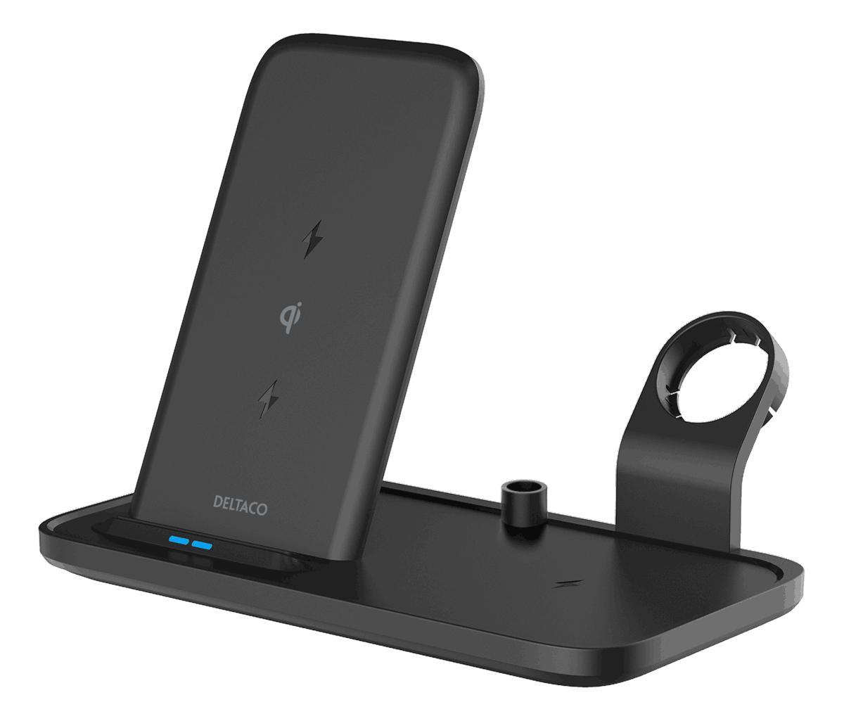 DELTACO 2-i-1 trådløs lader, 10 W, USB-C, Qi-sertifisert, doble LED-indikatorer, svart