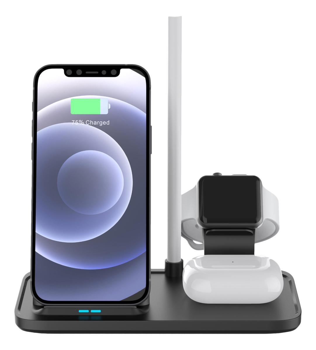 DELTACO 2-i-1 trådløs lader, 10 W, USB-C, Qi-sertifisert, doble LED-indikatorer, svart