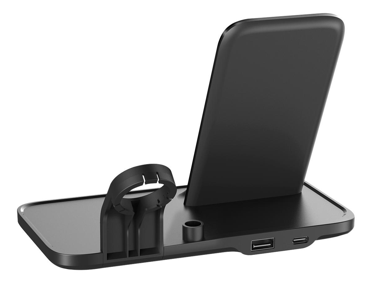 DELTACO 2-i-1 trådløs lader, 10 W, USB-C, Qi-sertifisert, doble LED-indikatorer, svart