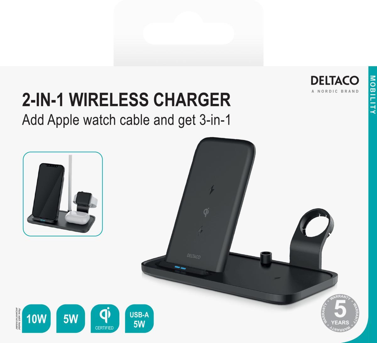 DELTACO 2-i-1 trådløs lader, 10 W, USB-C, Qi-sertifisert, doble LED-indikatorer, svart