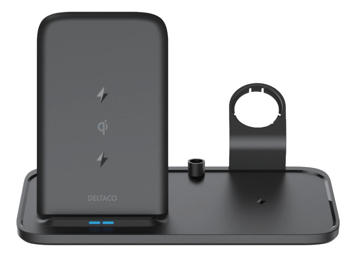 DELTACO 2-i-1 trådløs lader, 10 W, USB-C, Qi-sertifisert, doble LED-indikatorer, svart