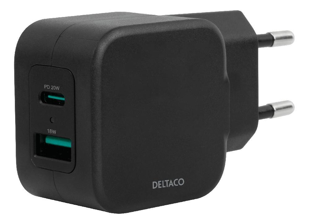 DELTACO Dobbel USB vegglader USB-A 18W og USB-C PD 20W