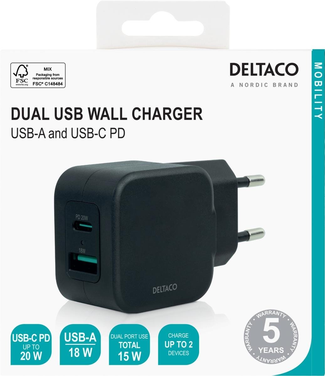 DELTACO Dobbel USB vegglader USB-A 18W og USB-C PD 20W