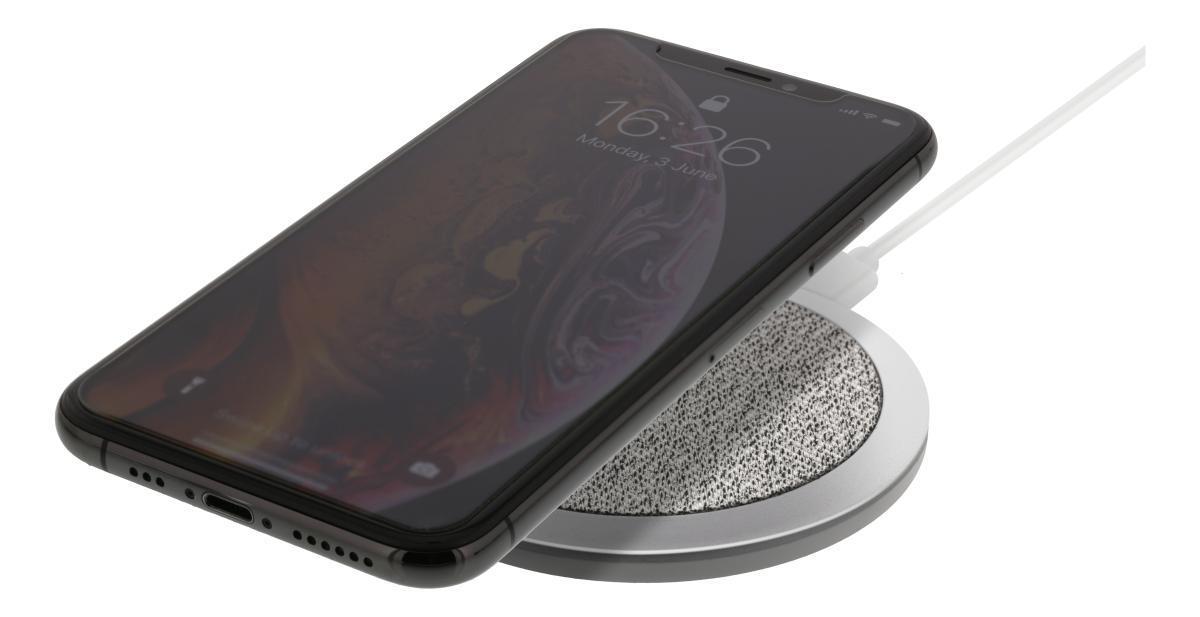 DELTACO Trådløs hurtiglader for iPhone og Android, 10W, stoff, Qi-sertifisert, grå