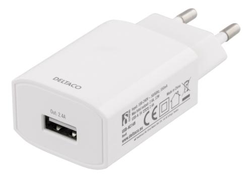 DELTACO USB-A Vegglader, 100-240 V, 5 V, 2,4 A, hvit