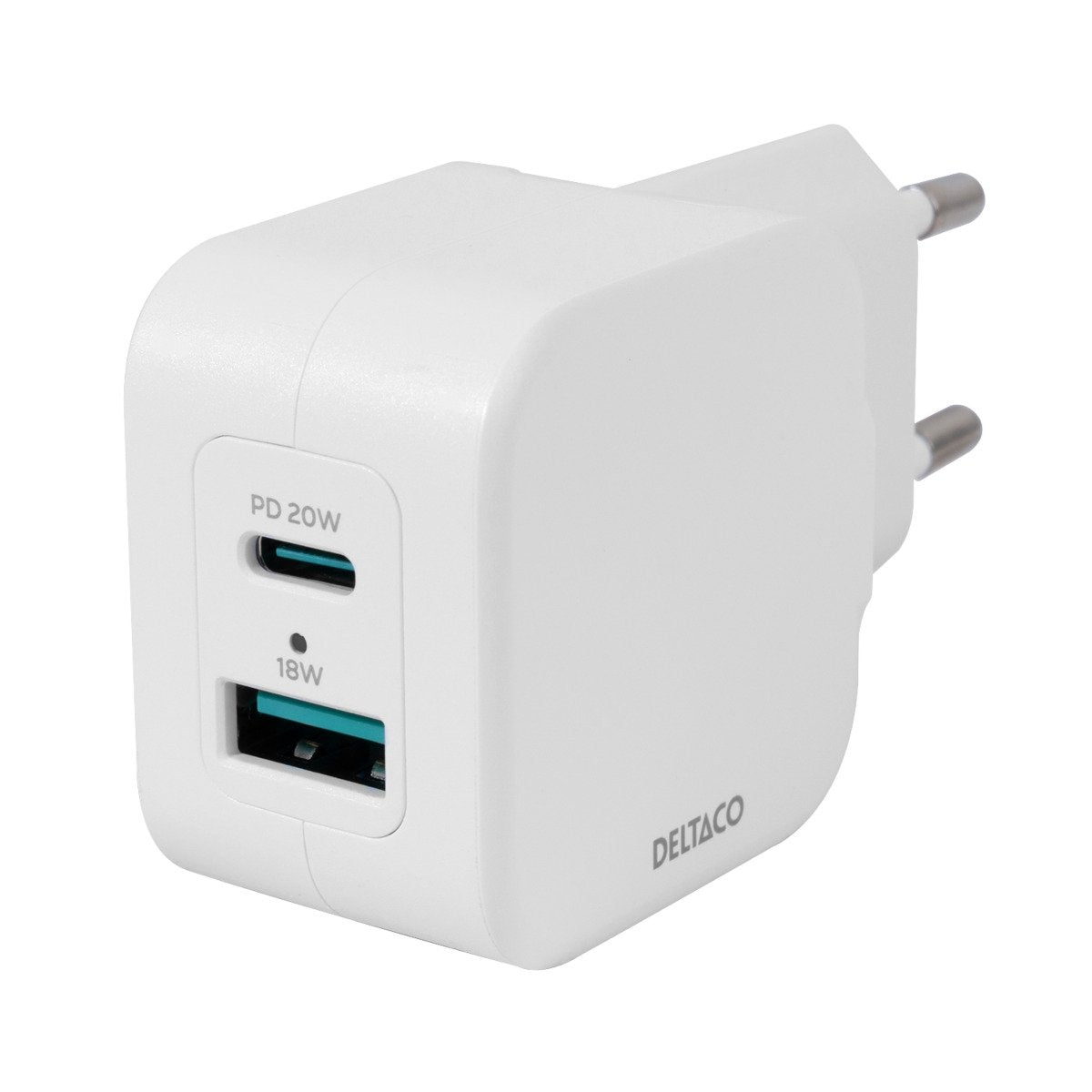 DELTACO USB-vegglader med doble porter, USB-A og USB-C strømforsyning 20 W, hvit