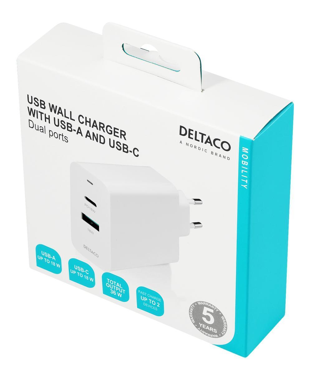 DELTACO USB-vegglader med doble porter og PD 1x USB-A 1x USB-C PD 36 W hvit