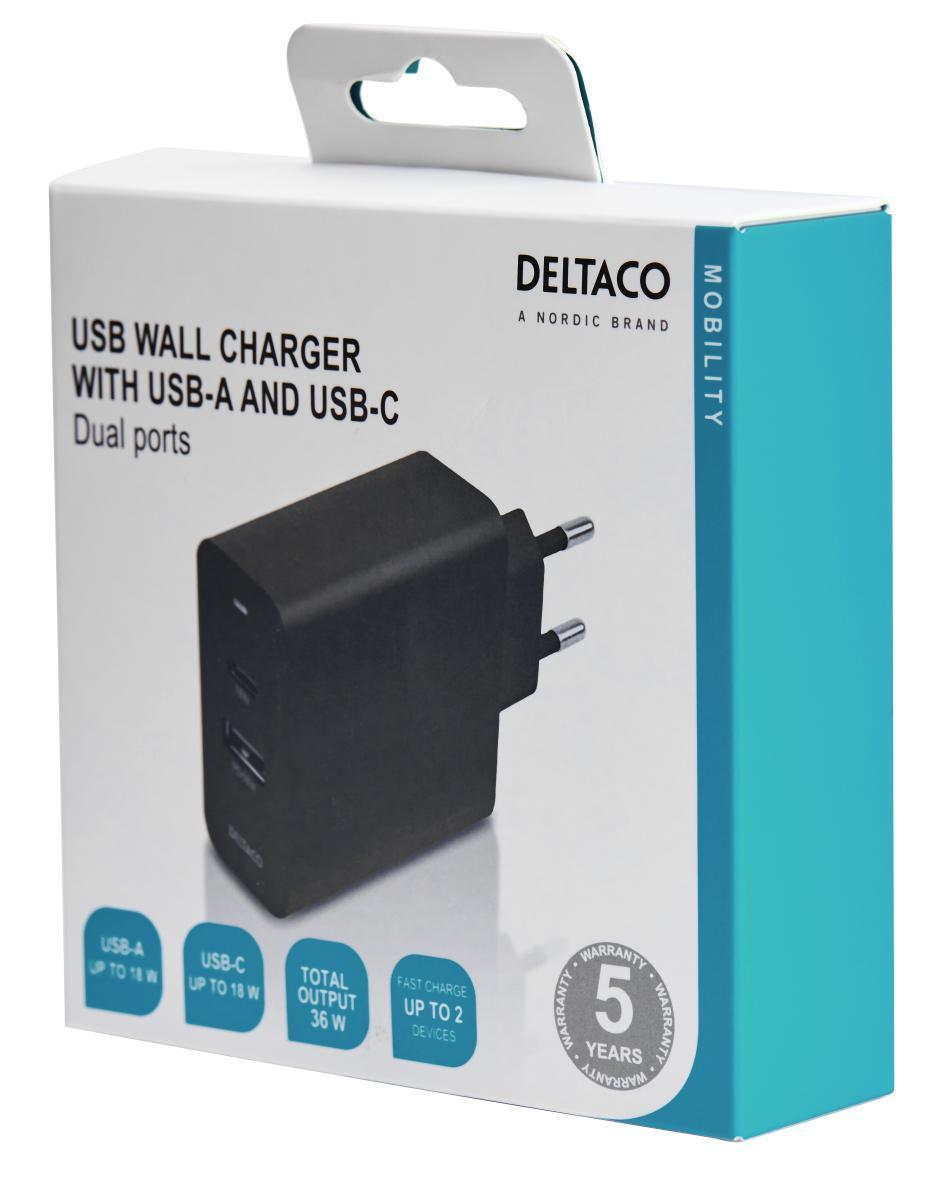DELTACO USB-vegglader med doble porter og PD, 1x USB-A, 1x USB-C, PD, 36 W, svart
