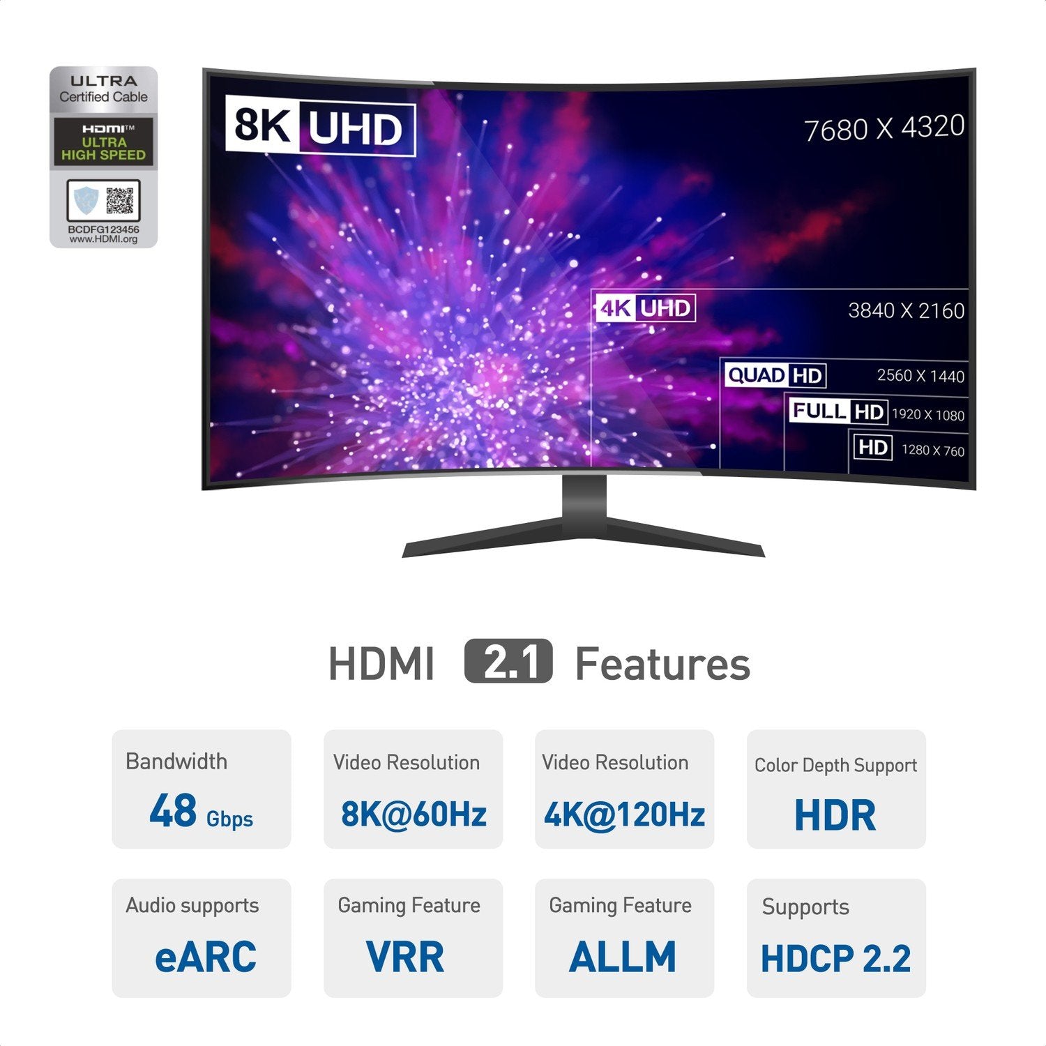 DELTACO-sertifisert 20m Ultra High Speed HDMI 2.1 aktiv AOC optisk fiberkabel 8K 60Hz 4K 120Hz 48Gbps Dynamisk HDR, eARC, VRR-kompatibel