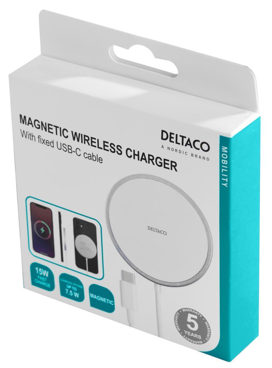 DELTACO trådløs lader med magnetisk snap-funksjon, egnet for iPhone 12/13, 1m, hvit