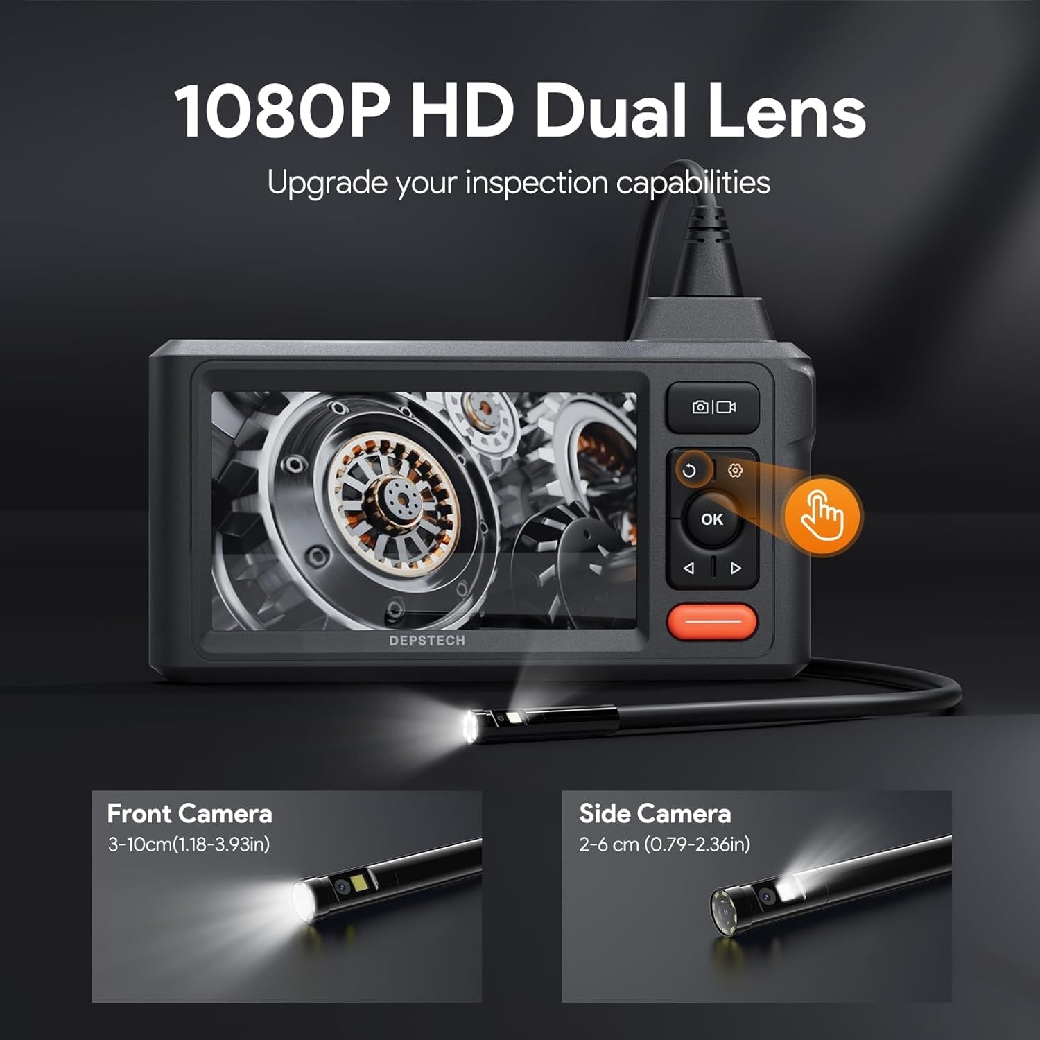 NÖRDIC Dual-Lens Endo-/Borescope 1080P digitalt inspeksjonskamera, 5m kabel 7,9 mm IP67 5" IPS-skjerm