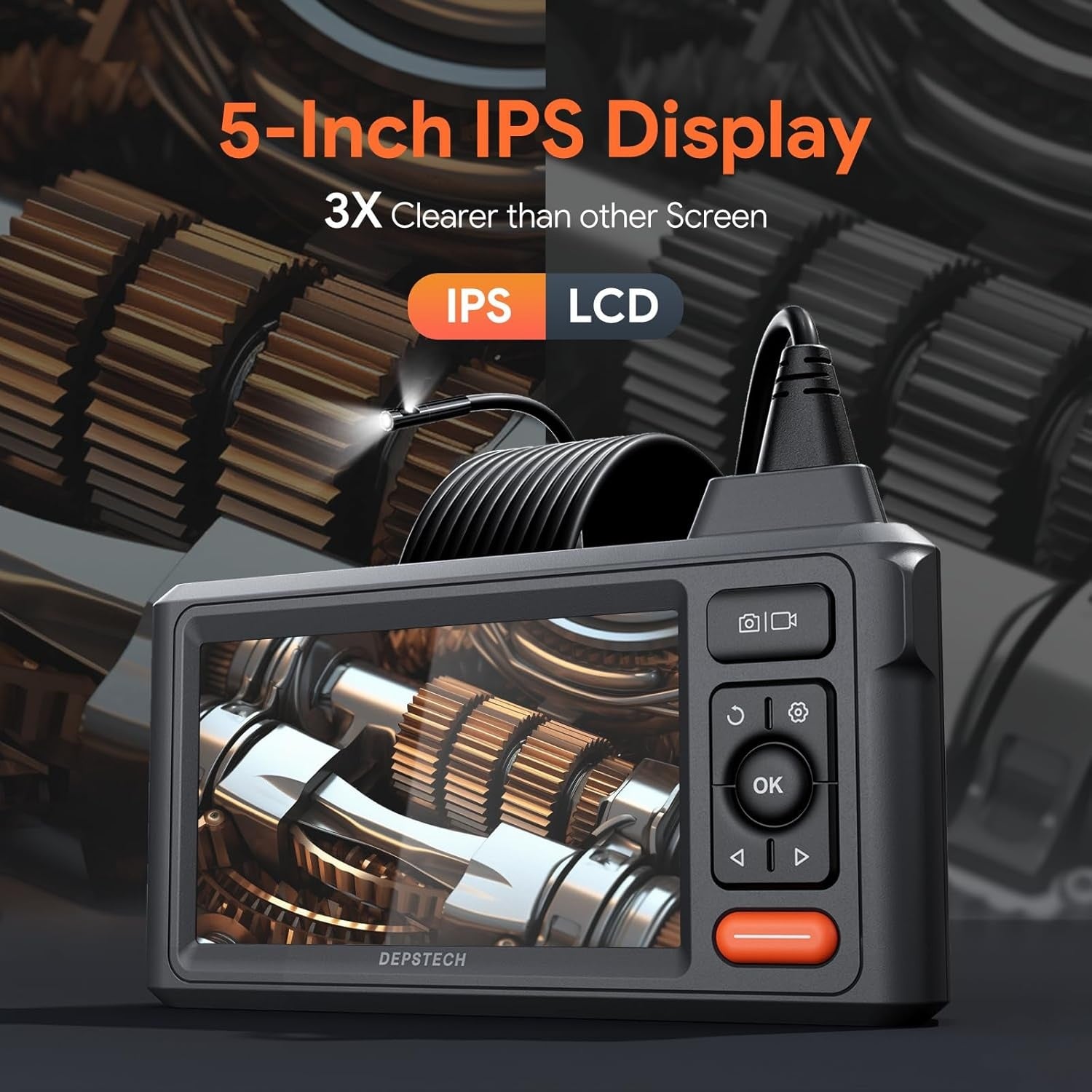 NÖRDIC Dual-Lens Endo-/Borescope 1080P digitalt inspeksjonskamera, 5m kabel 7,9 mm IP67 5" IPS-skjerm