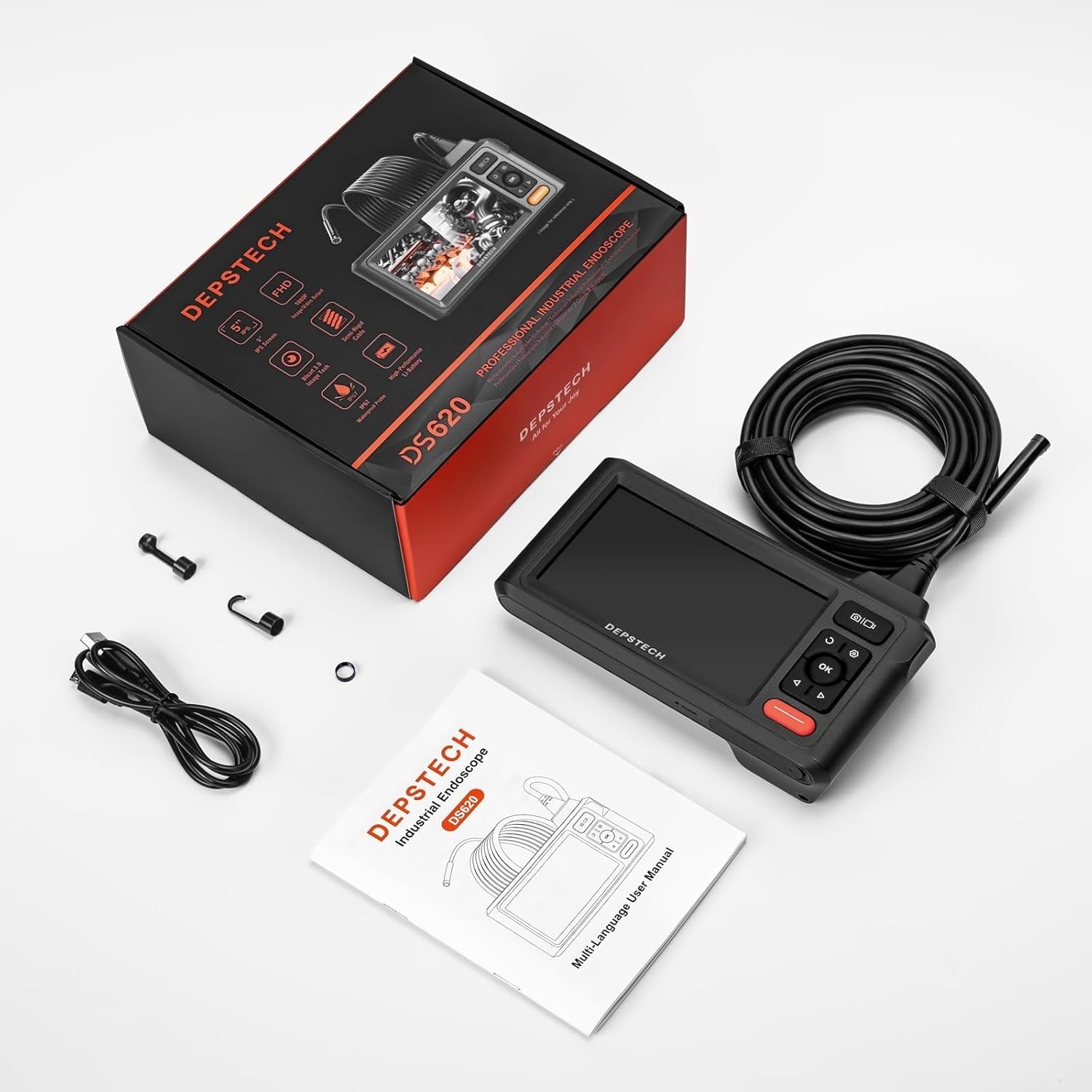 NÖRDIC Dual-Lens Endo-/Borescope 1080P digitalt inspeksjonskamera, 5m kabel 7,9 mm IP67 5" IPS-skjerm