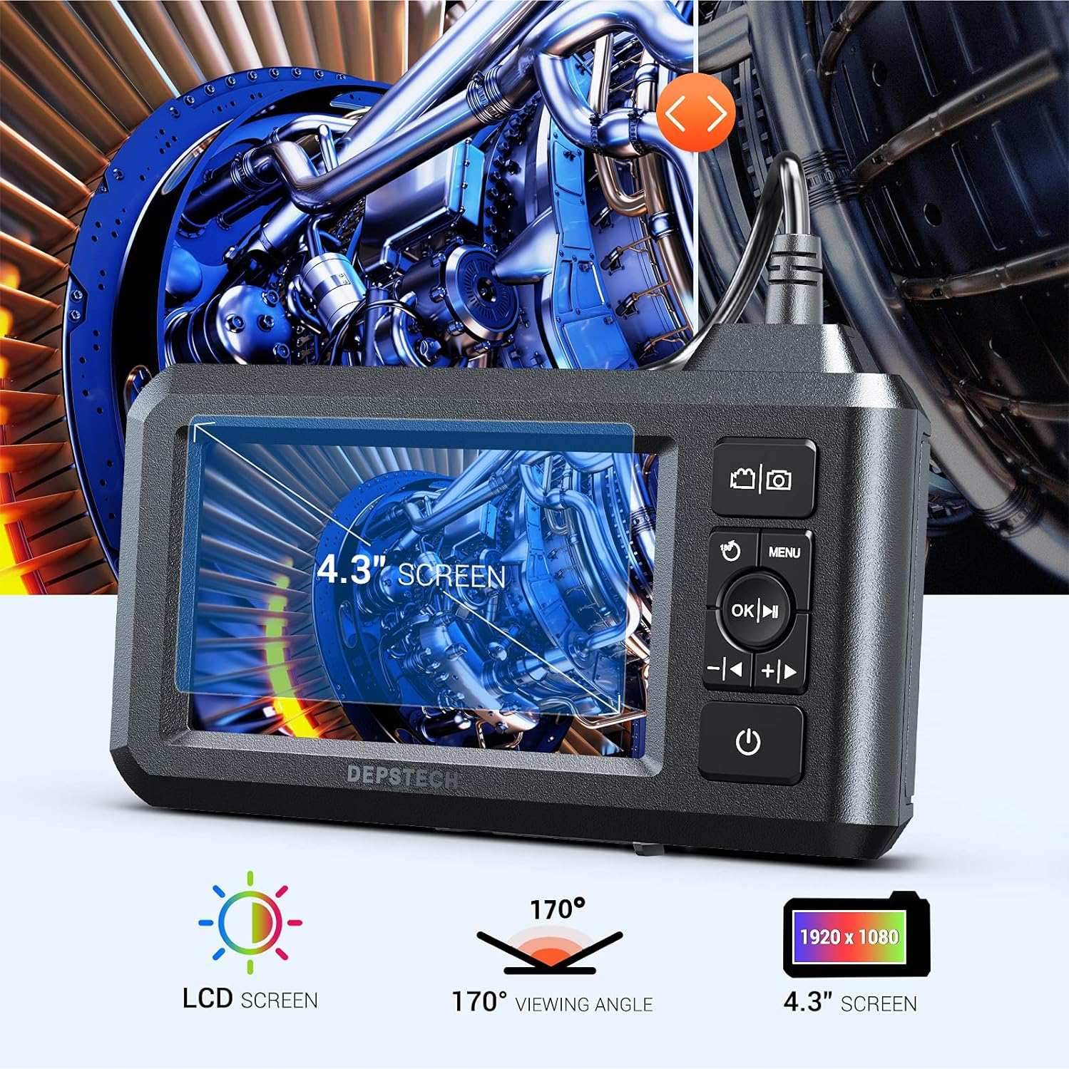 DS3000 Dobbel Lens Endo-/Borescope 1080P digitalt inspeksjonskamera, 5m kabel 7,9 mm IP67 4,3" LCD-skjerm, 7x LED