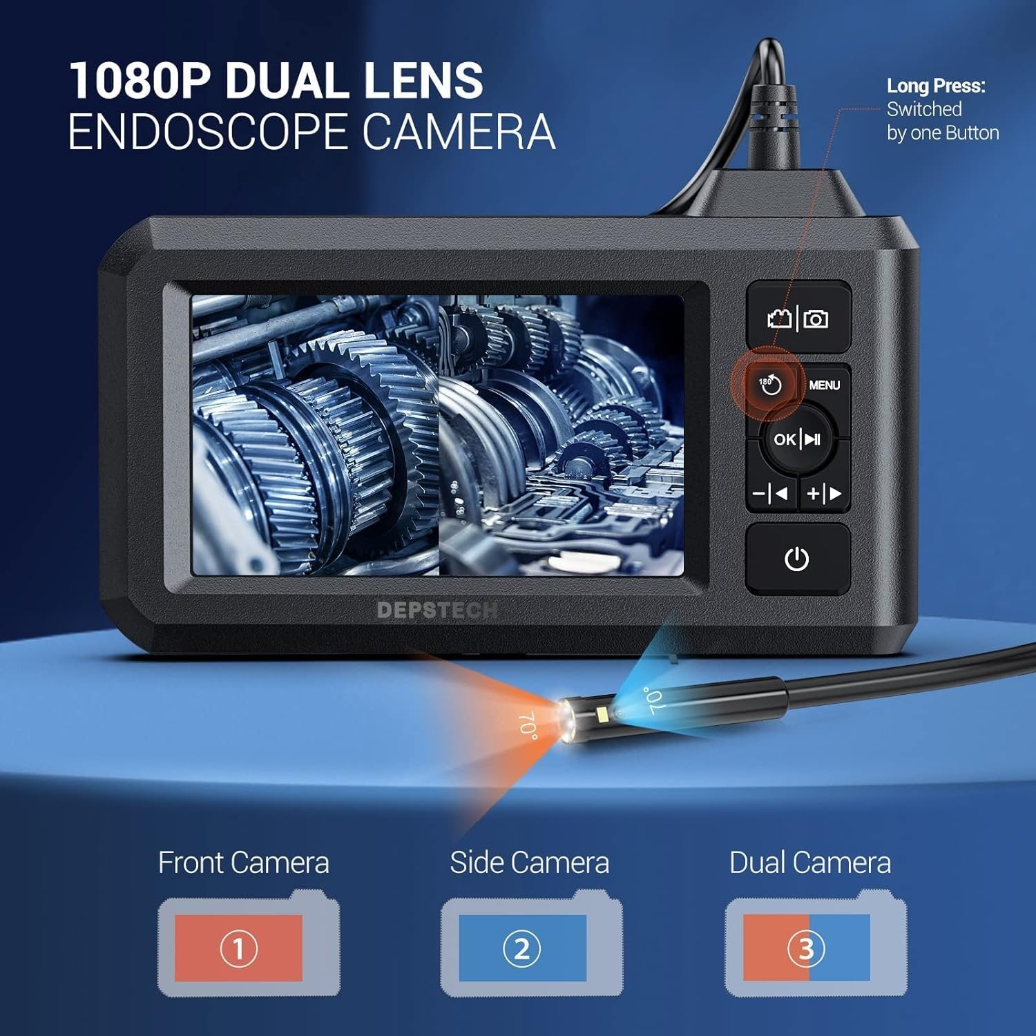 DS3000 Dobbel Lens Endo-/Borescope 1080P digitalt inspeksjonskamera, 5m kabel 7,9 mm IP67 4,3" LCD-skjerm, 7x LED