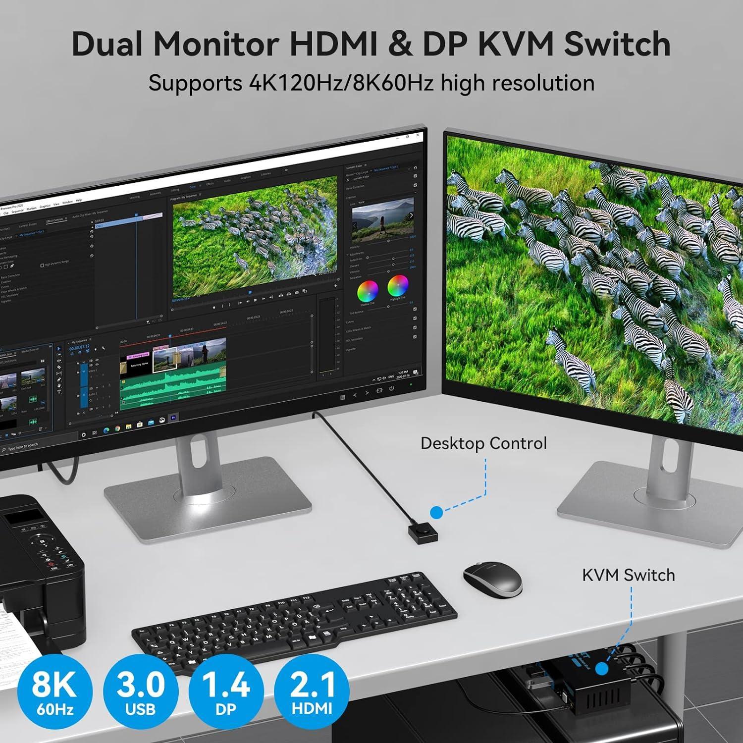 NÖRDIC KVM-svitsj 2 til 2 DisplayPort & HDMI, 8K60Hz/4K120Hz, 4x USB-A