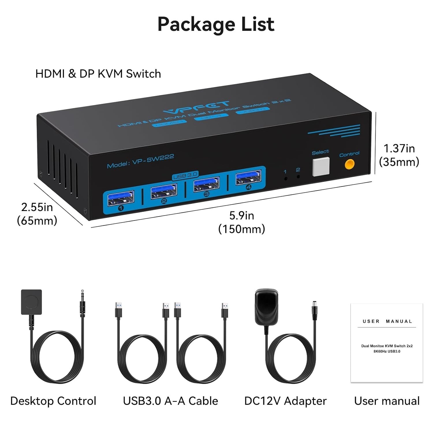 NÖRDIC KVM-svitsj 2 til 2 DisplayPort & HDMI, 8K60Hz/4K120Hz, 4x USB-A