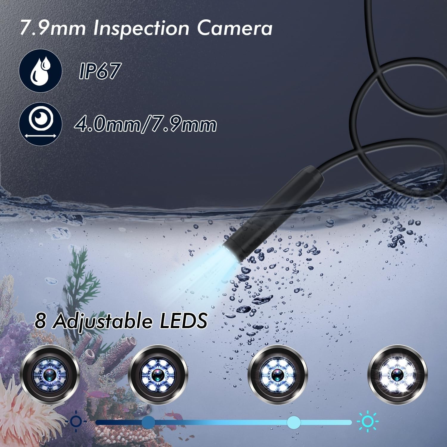 NÖRDIC endoskopkamera for mobiltelefon med lys, 1080P HD, 8 LED-lys, vanntett IP67, ingen WiFi nødvendig, Android og iOS