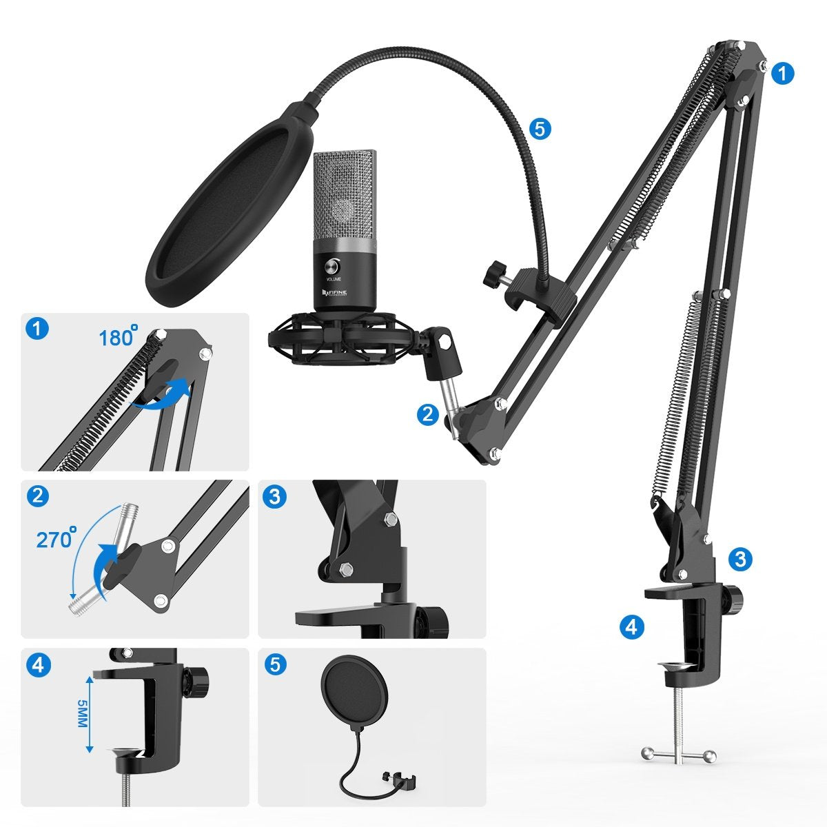 FIFINE T669 USB mikrofon kit med kondensatormikrofon, tabellstativ popfilter Bump lydkabel og stativkompatibelt med PS5