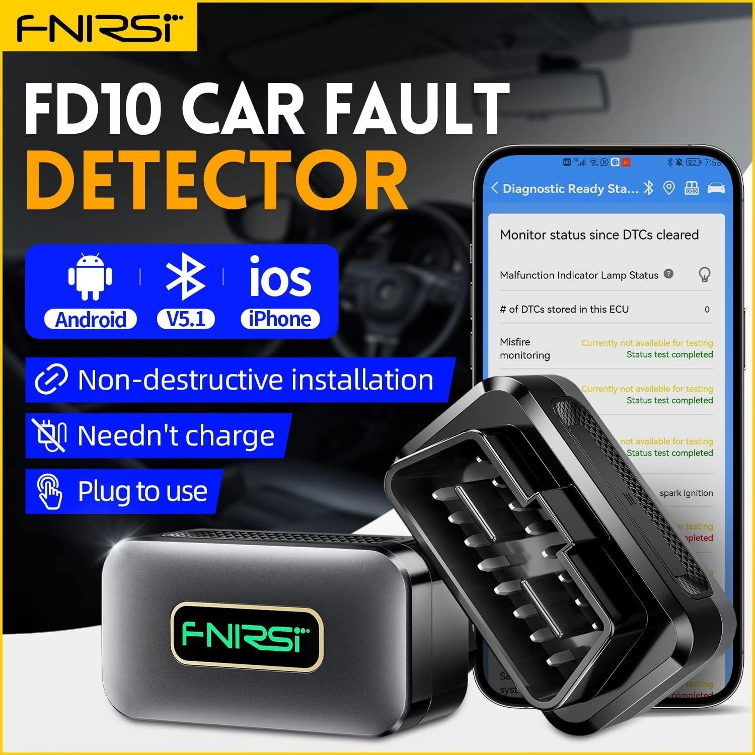 FNIRSI FD10 OBD2 feilkodeleser og bildiagnoseverktøy, for iOS og Android